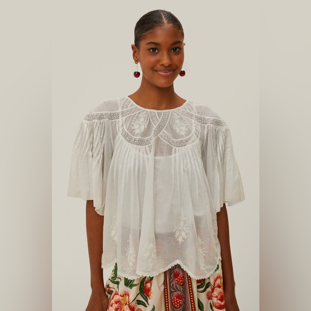 new Farm Rio Off-White Embroidered Short Sleeve Blouse